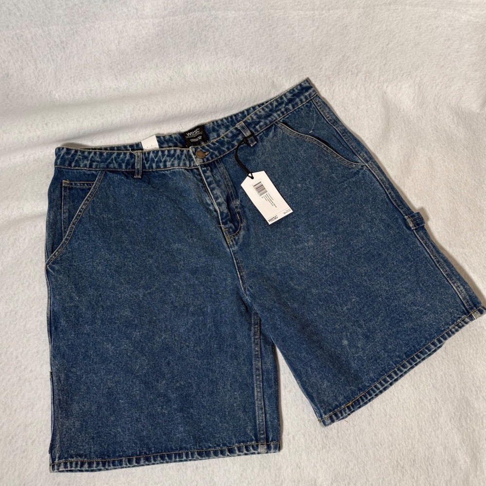 WeSC Denim Carpenter Shorts Mens 36 Mid Wash Blue Unisex Utility P116440T67P NEW